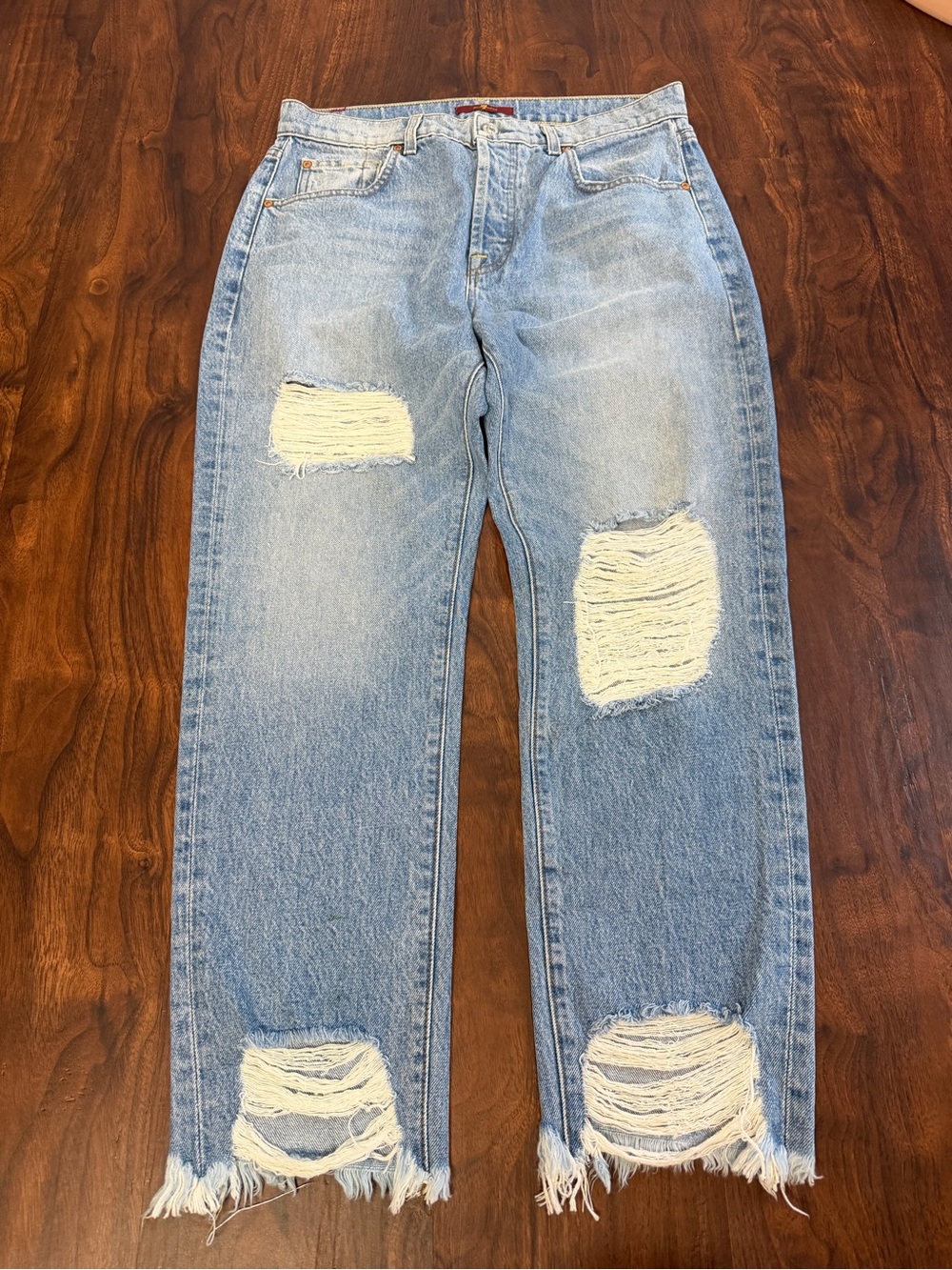 7 FOR ALL MANKIND Blue Distressed Denim Crop High Waisted Jeans